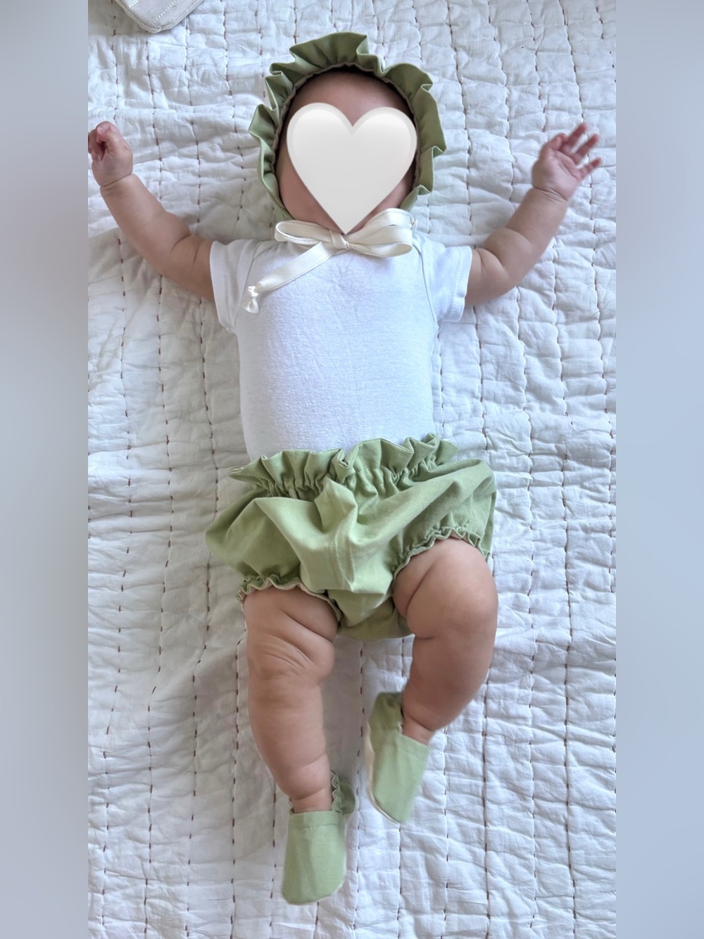 Baby Ruffle Bloomers, Bonnet, and booties Set - Sage Green - handmade